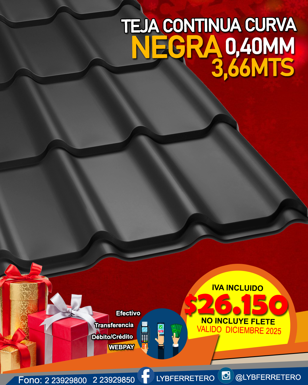 Teja continua curva Negra 0,40mm 3,66mt